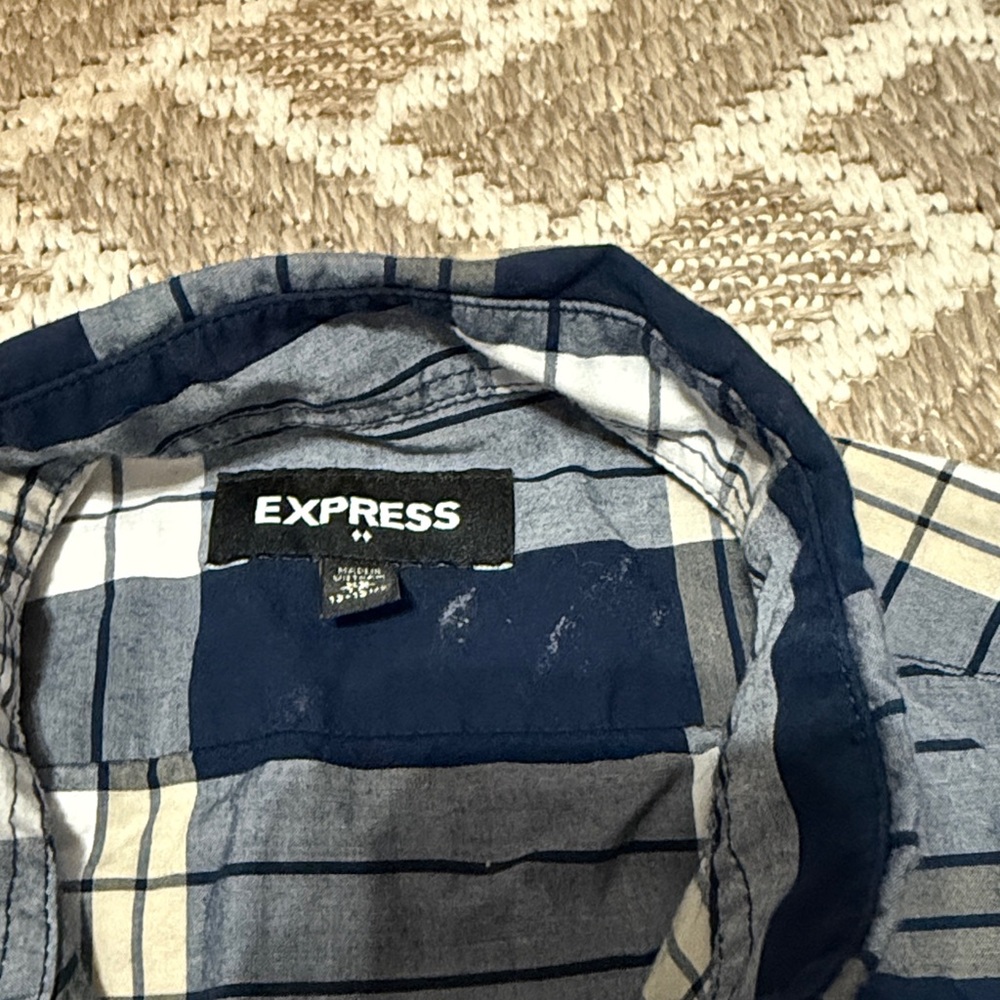 Express Men's Navy, Tan and White plaid button down shirt XS - Picture 3 of 6